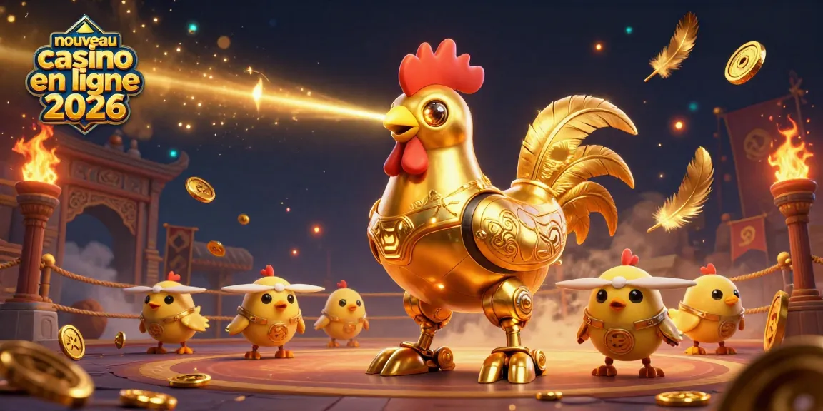 Illustration dynamique d'une animation 3D sur le thème du nouveau casino en ligne 2026, avec un robot coq doré et des drones de poussins.