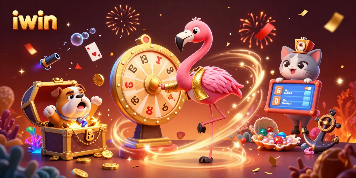 iwin game show host flamingo spinning a prize wheel with vibrant casino elements around.