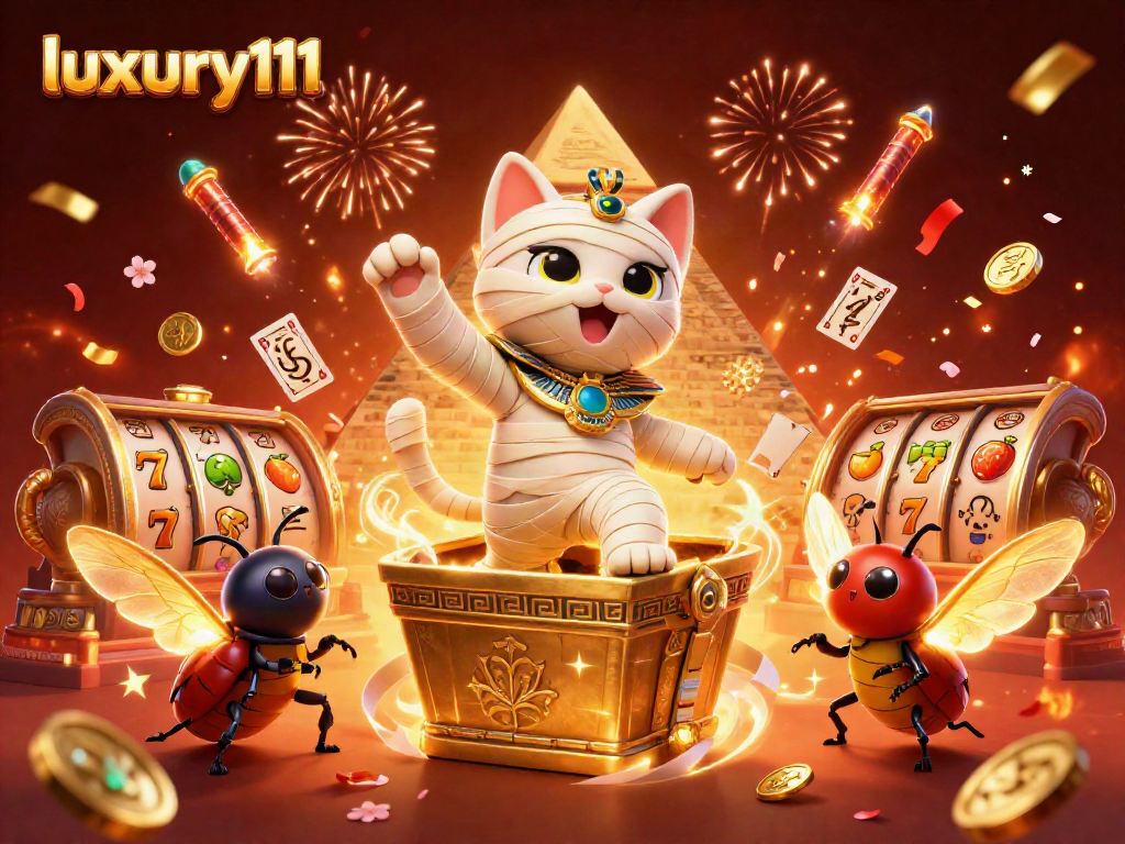 Luxury111 brings excitement to the casino with vibrant 3D mummy cat and dynamic elements.