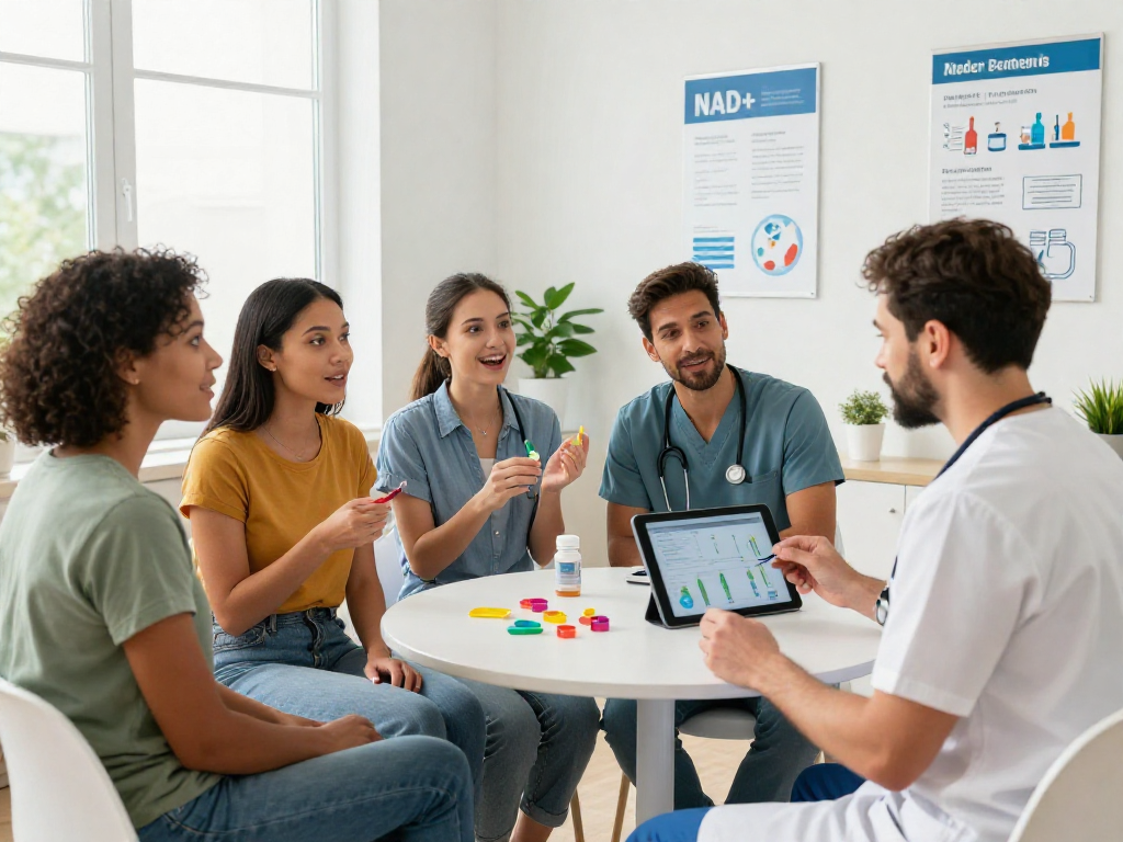 NAD+ benefits showcased in a modern healthcare consultation with patients and professional.