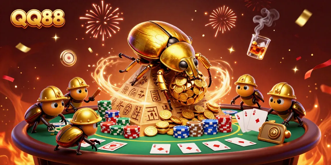 Engage in thrilling gameplay at QQ88, showcasing a vibrant casino atmosphere with golden coins and poker elements.