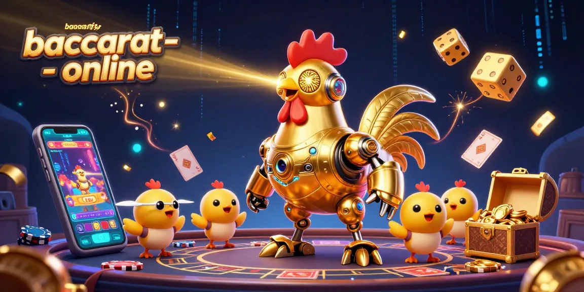Engaging baccarat-gambling-online artwork featuring a dynamic golden rooster robot amidst exciting casino elements.