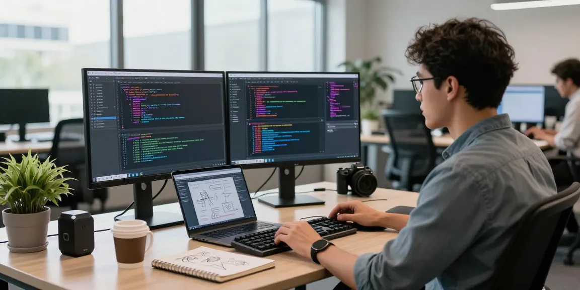 Build internal tools with AI in a modern office, showcasing a developer coding with dual monitors.