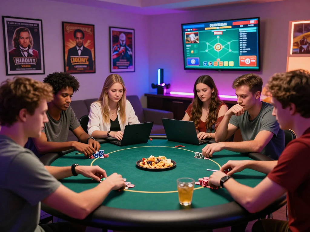 Friends enjoying an exciting Poker88 gaming night around a modern table with laptops.