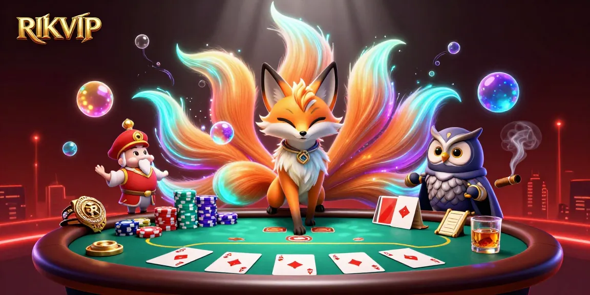 RIKVIP players enjoy a vibrant poker scene featuring colorful characters and dynamic lights.