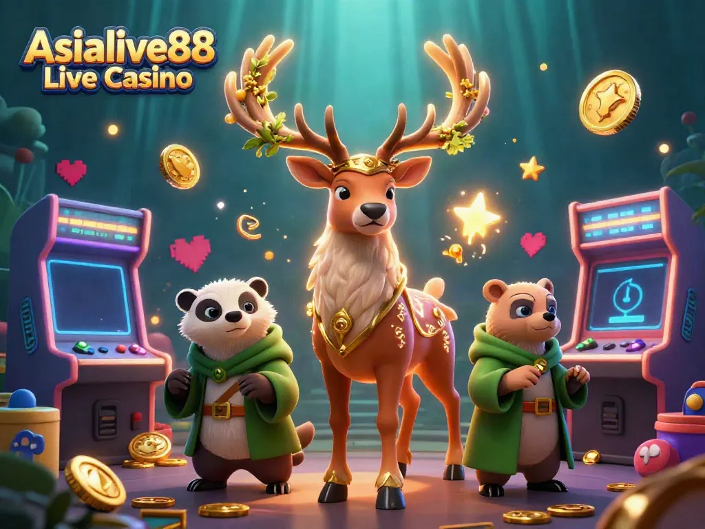 Experience the thrill of Asialive88 Live Casino with a dynamic 3D illustration of game characters and elements.