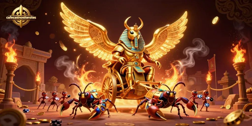 Engage in thrilling action at cafecasinosistersites with a vibrant scene of a golden scarab, scorpions, and poker chips.