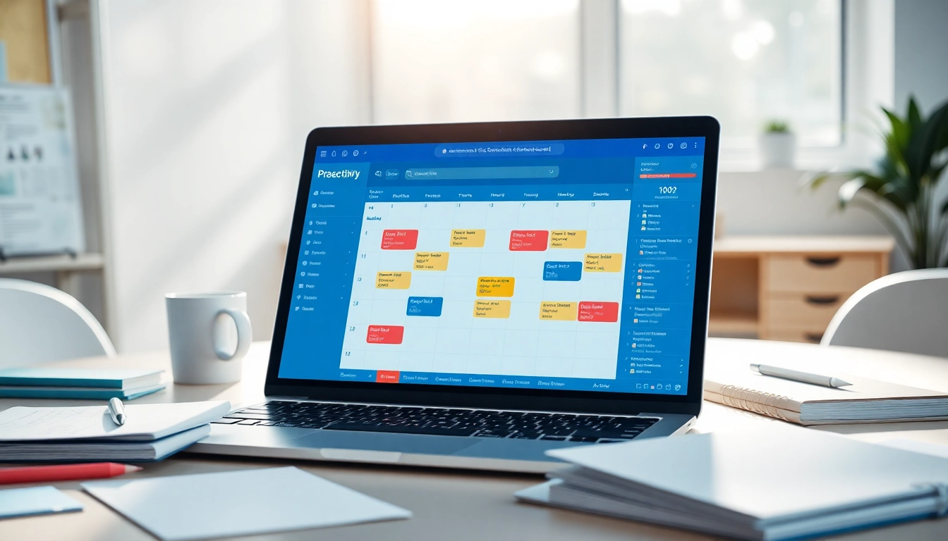 Enhance productivity with proactive scheduling AI in a modern office setup, showcasing digital calendars.