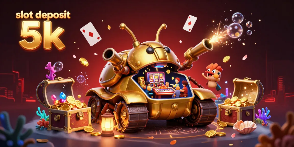 Experience the thrill of slot deposit 5k with a 3D casino illustration featuring golden beetle tank and vibrant game elements.