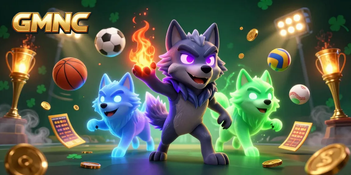 Bet on the winning spirit of GMNC featuring glowing wolves amidst dynamic sports elements.