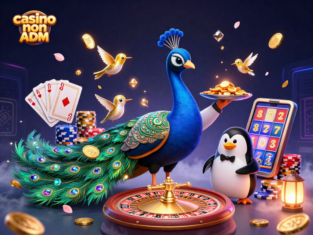 Vinci con casinò non ADM: scena di gioco con personaggi e elementi di casinò in un'illustrazione colorata.