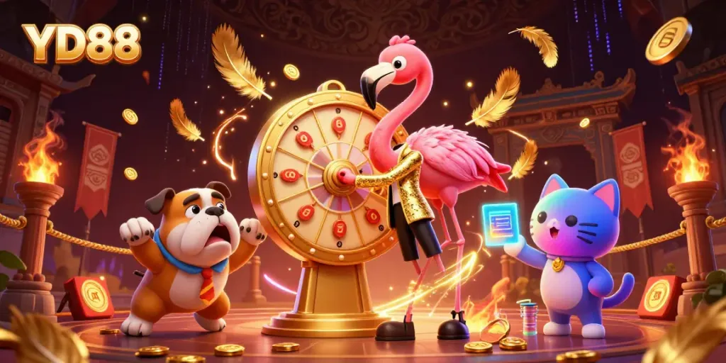 YD88 game show scene with a flamingo host, bulldog contestant, and scoring cat assistant celebrating wins