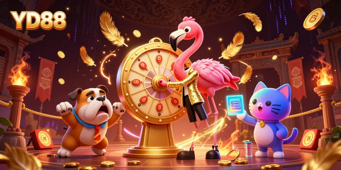 YD88 game show scene with a flamingo host, bulldog contestant, and scoring cat assistant celebrating wins