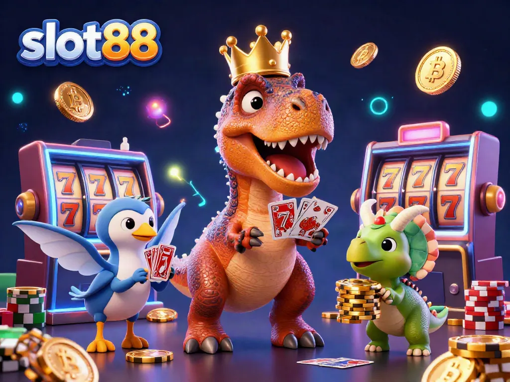 Engage with the lively slot88 casino scene featuring cartoon characters enjoying gaming fun and vibrant elements.