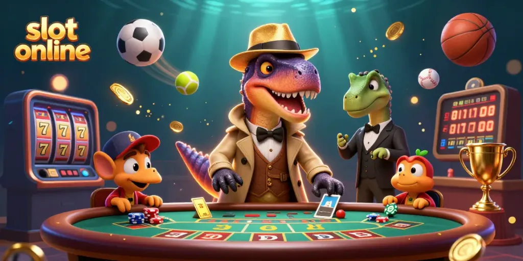 Experience the excitement of slot online gaming with a dynamic scene featuring cartoon dinosaurs at the casino.