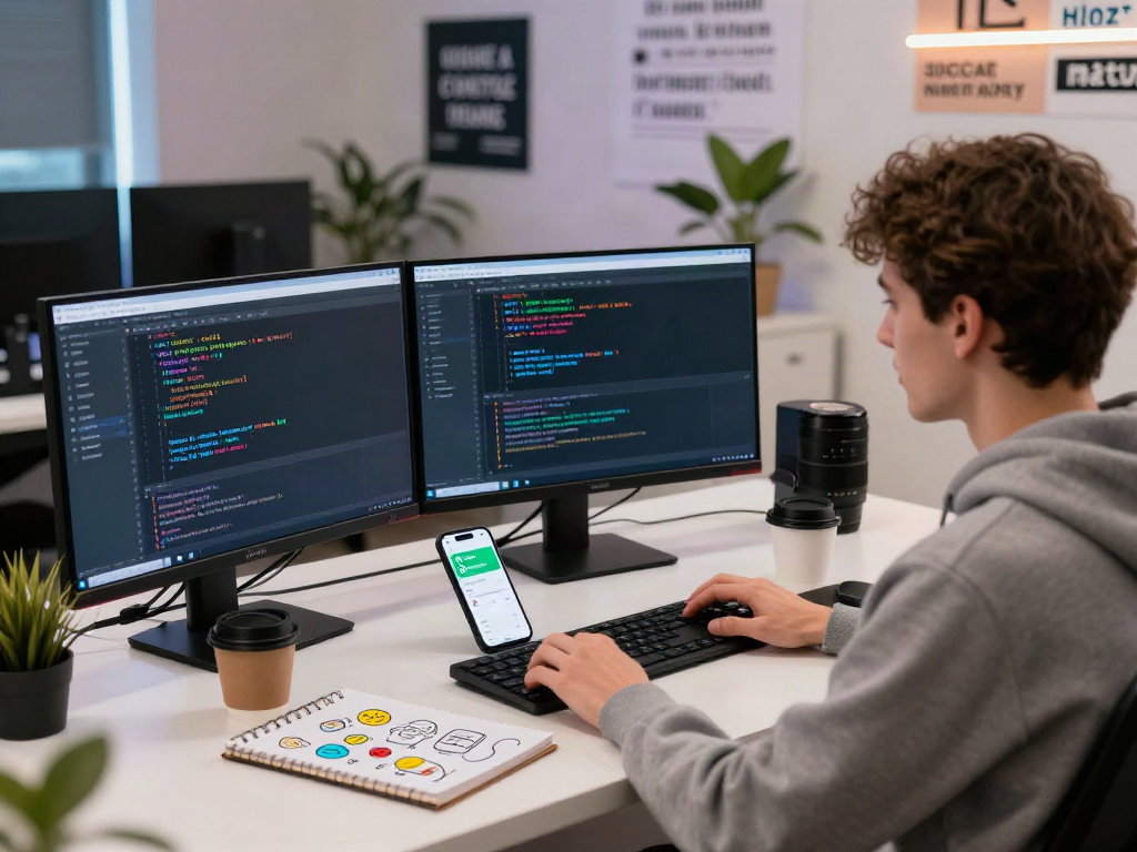Engaging technology workspace showcasing GB WhatsApp APK on multiple screens, highlighting app development and creativity.