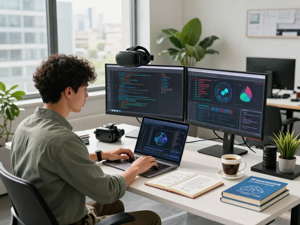 Young developer working on ai 18+ innovations in a modern tech workspace.