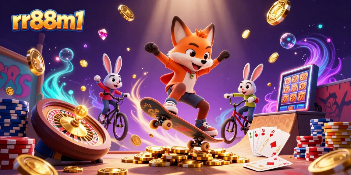 Experience thrilling gaming action with rr88m1 as a skateboarder fox flips over golden poker chips