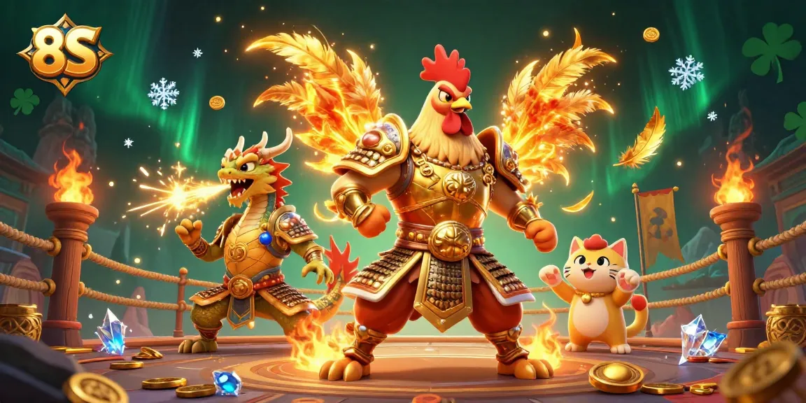 Experience thrilling action at 8S with a dynamic cartoon illustration featuring a rooster warrior and dragon hatchling.