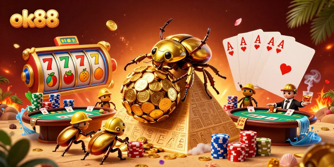 Spin the reels at ok88 with golden dung beetles and vibrant casino elements.