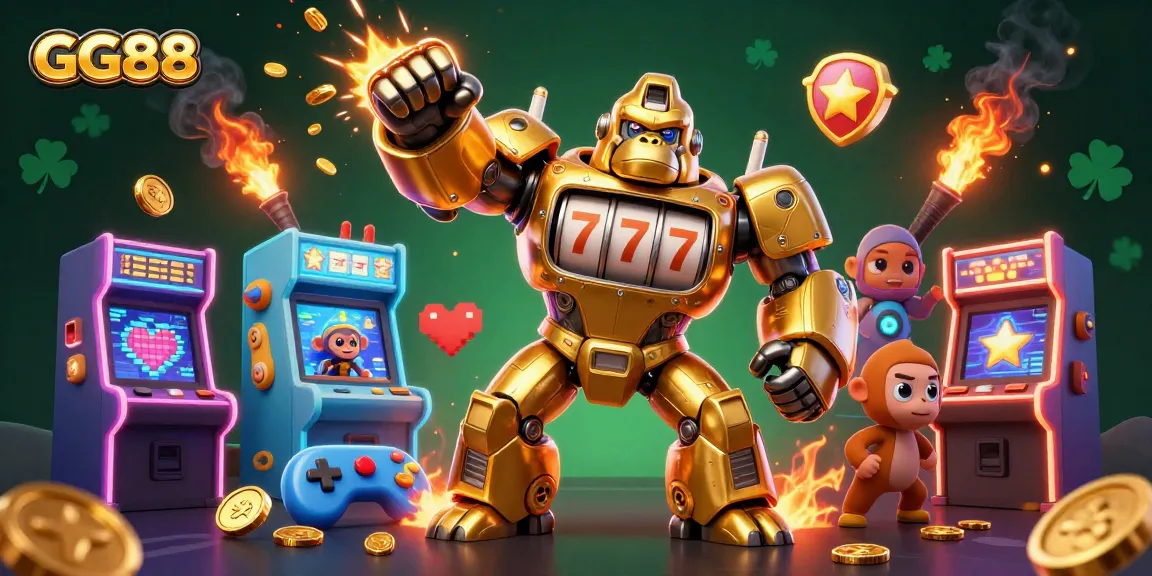 Engage with GG88's thrilling gaming universe featuring a roaring golden gorilla mech amidst vibrant casino elements.