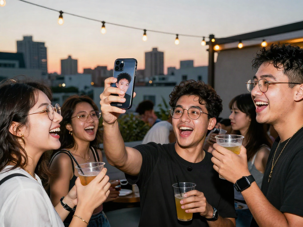 Friends comparing their celebrity look alike results during a rooftop party.