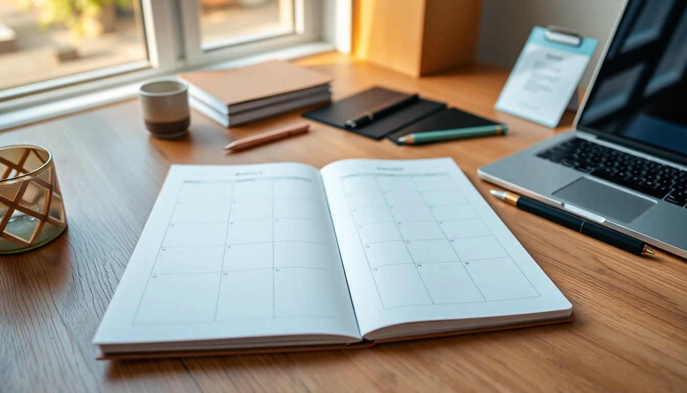Effortless Daily Organization depicted through a serene workspace with a daily planner and natural light.