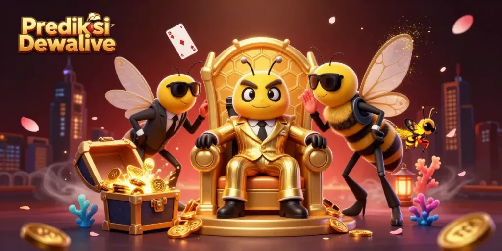 Engage with the vibrant scene of Prediksi Angka Dewalive where a bumblebee mob boss commands the throne amid floating cards and treasure.