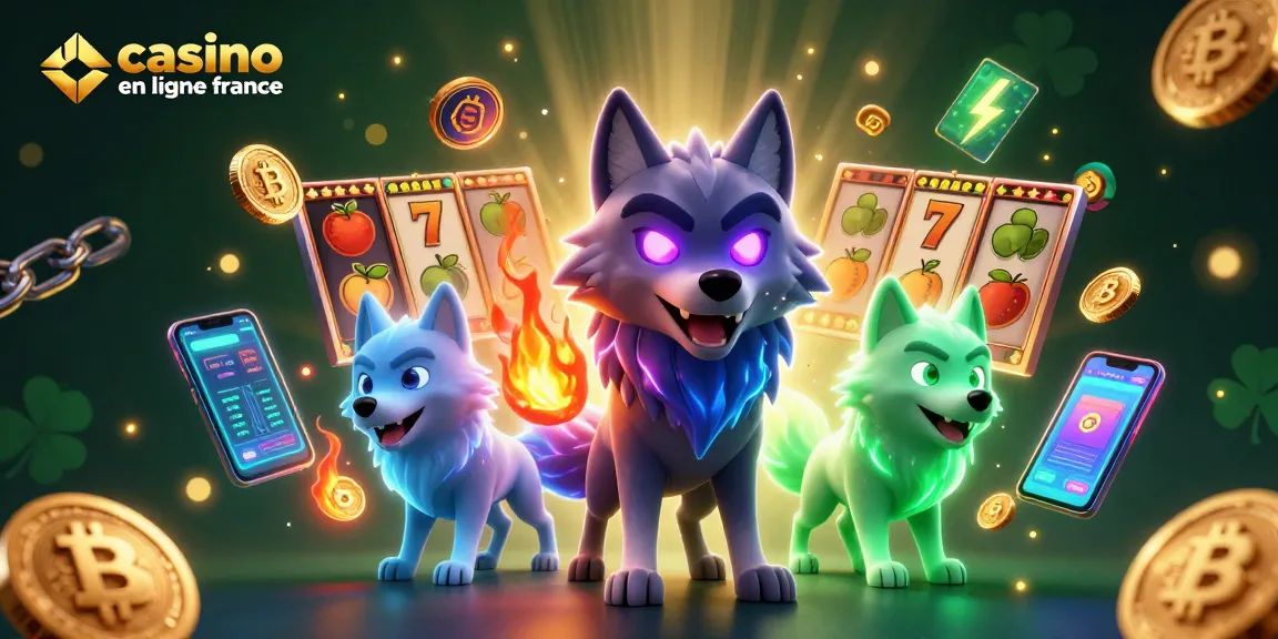 Image captivante de casino en ligne France avec un chef de meute de loups en ombre et des pièces de crypto-monnaie.