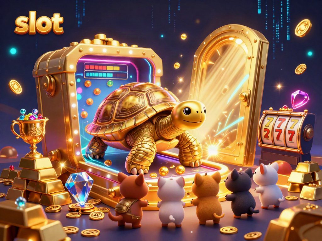Permainan slot yang mengasyikkan dengan kura-kura emas raksasa dan hewan kecil menunggu giliran.