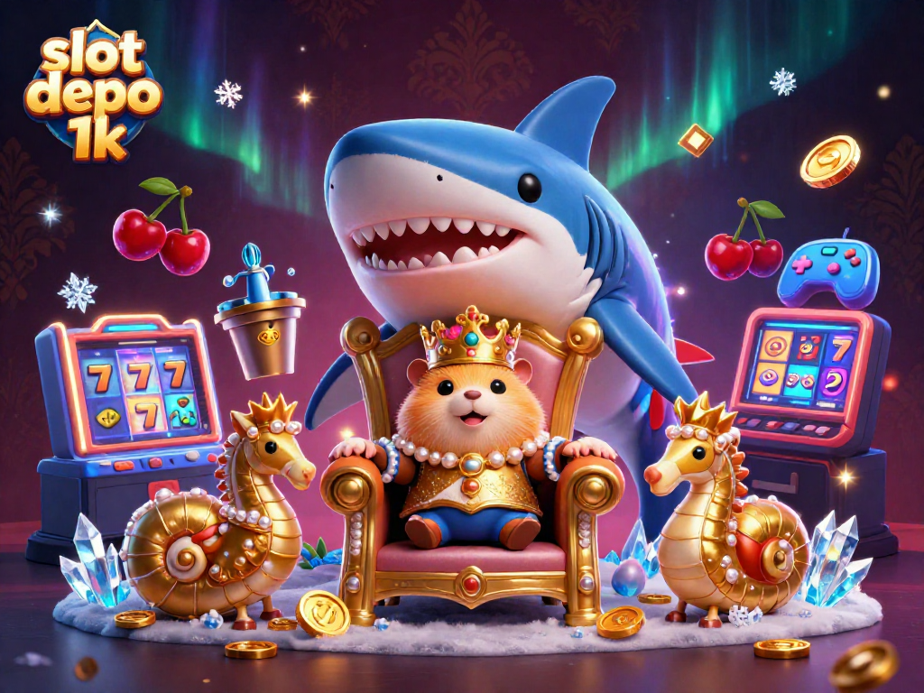 Experience the thrill of slot depo 1k with vibrant characters and casino elements in this 3D digital art.