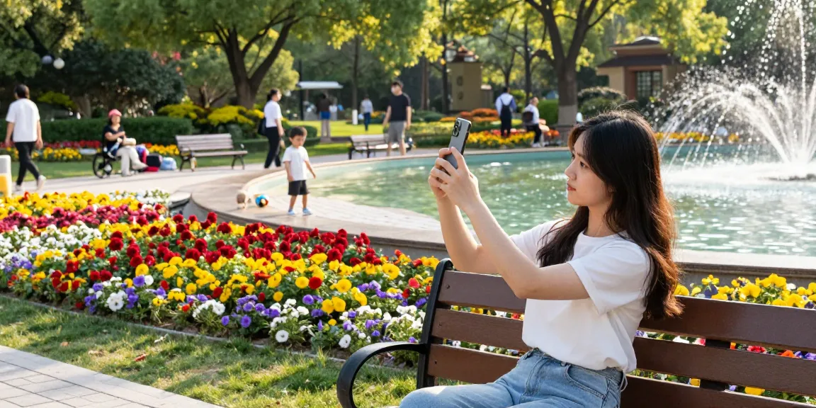 Young woman explores how old do I look by uploading a selfie in a vibrant park.