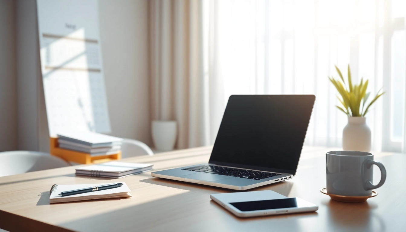 Schedule meetings via email AI in a bright and professional workspace with a laptop and elegant decor.